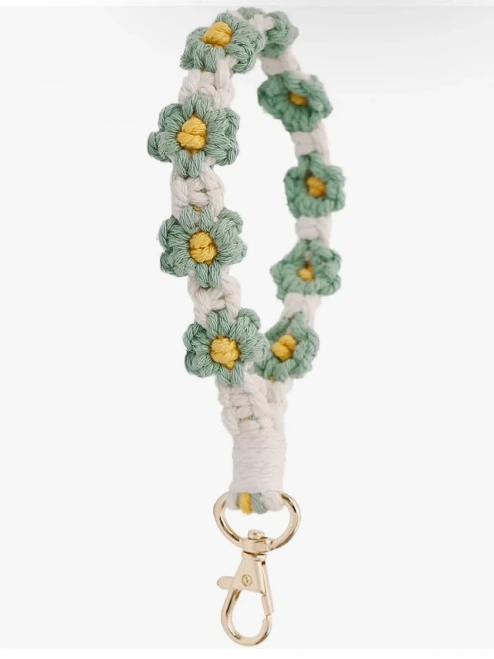 Handmade Green & White Crochet Floral Wristlet with Gold Clip